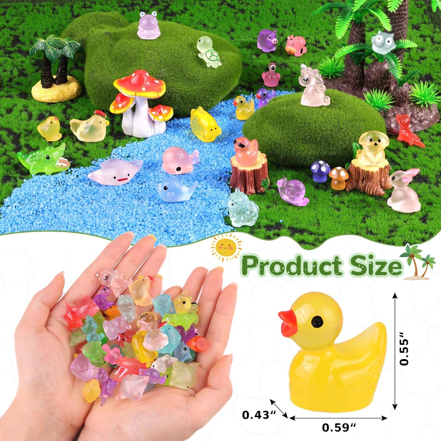 150PCS Mini Resin Animals Tiny Cute Figurines Glow in Dark, Miniature Figures to Hide, Little Animal Toys Small Accessories for Topper Desk Garden Dollhouse Landscape Aquarium Ornaments Crafts & Decor