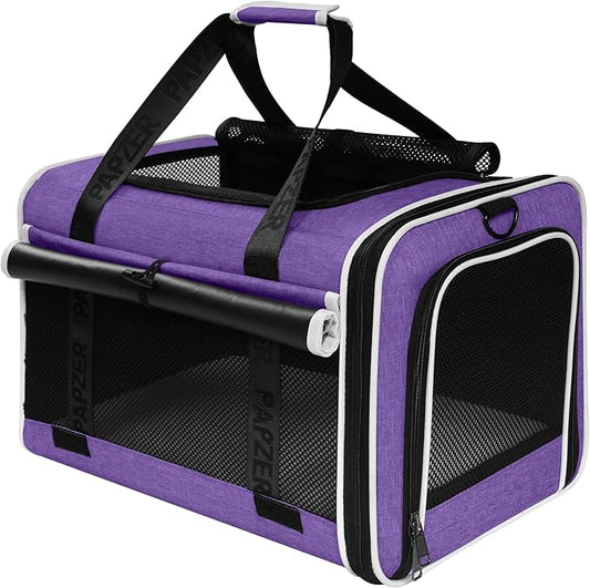 Top Open Medium Cat Carrier Roll Up Flap, Delta Approved TSA Pet Travel Crate Suitcase Luggage Sleeve, Soft-Sided Dog Kennel Bag 18"x11"x11" United, American Airline Under Plane Seat Purple