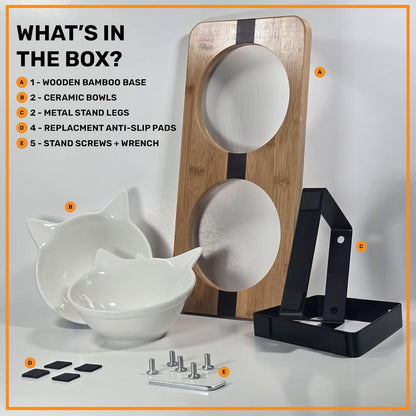 Elevated Cat Bowl Stand for Food and Water – Anti-Vomit Raised Feeding Station with Tilted Stand – Cat Ear Design, Removable Ceramic Bowls, Anti Slip Bamboo Base, Dishes for Indoor Cats & Kittens