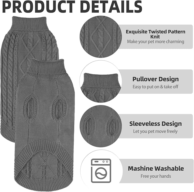 PUPTECK Winter Cat Sweater Coat - Soft Warm Cold Weather Clothes Knitwear for Kittens & Small Dogs Indoor Outdoor Wearing, Knitted Classic for Doggies Kitties Girls Boys, Grey, L