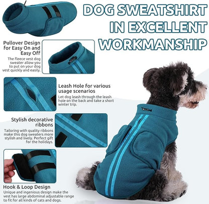 Queenmore Large Dog Sweaters, Soft Fleece Vest Pullover Dog Jacket with Leash Hole, Warm Winter Dog Clothes Cold Weather Doggy Dachshund Sweater for Large Dogs Cats Boy or Girl (Peacock-Blue, L)