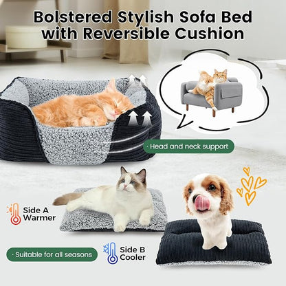 Miguel Washable Dog Bed with Removable Cushion for Small Dogs, Easy to Wash Pet Sofa Bed with Side, Rectangle Bolster Cat Bed Calming Cuddle Puppy Bed with Anti-Slip Bottom, Black 20 Inch