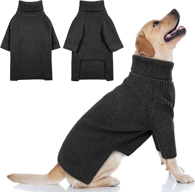 Queenmore Turtleneck Long Sleeve Knitted Dog Sweater With Check Pattern, Fall Winter Warm for Small Medium Large Dogs, Solid Pull-on Pet Sweater for Cats, Charcoal Gray L
