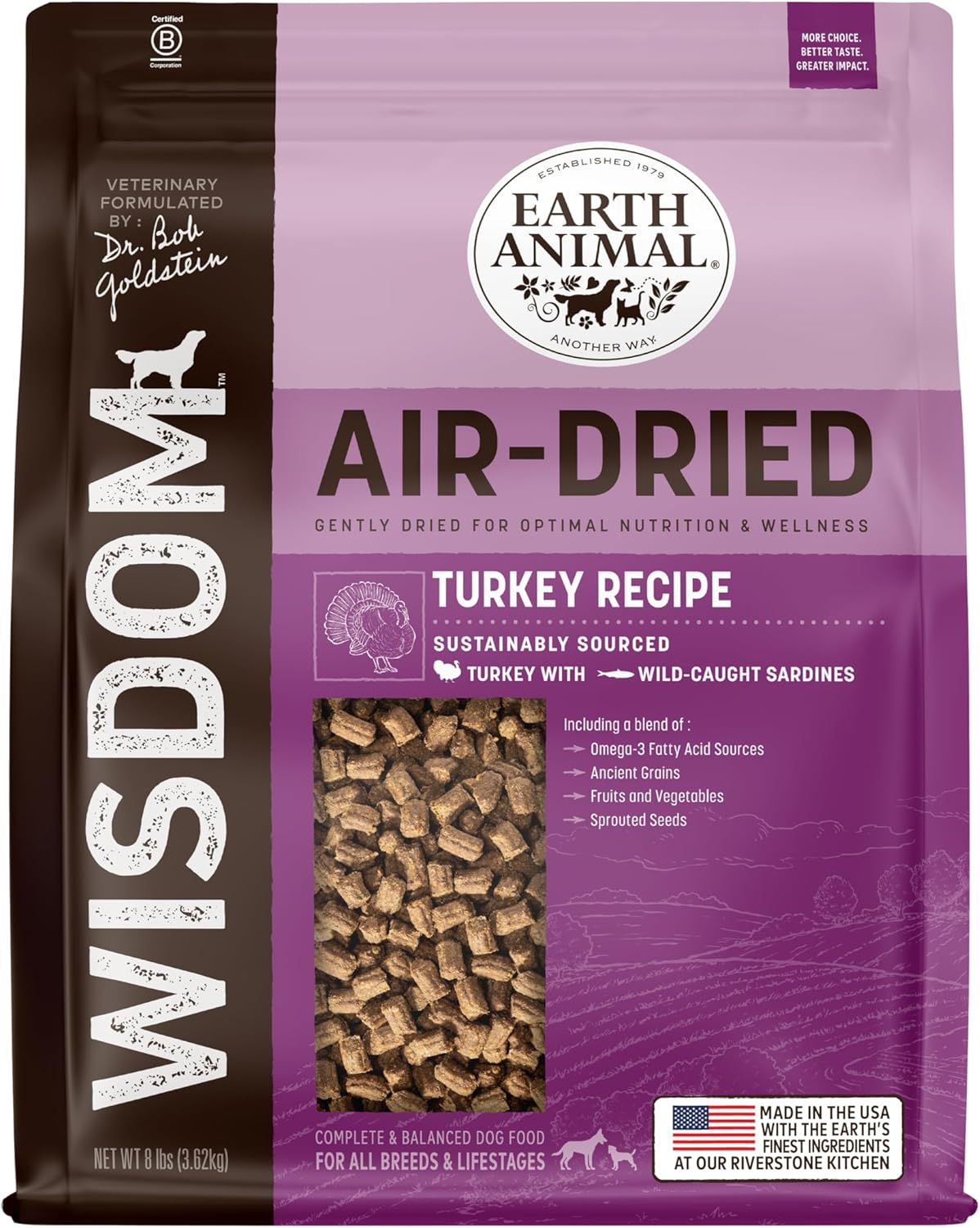 Earth Animal Wisdom Air Dried Dog Food - Turkey Recipe Premium Natural Dry Dog Food for All Breeds & Ages - 8 Lbs Bag