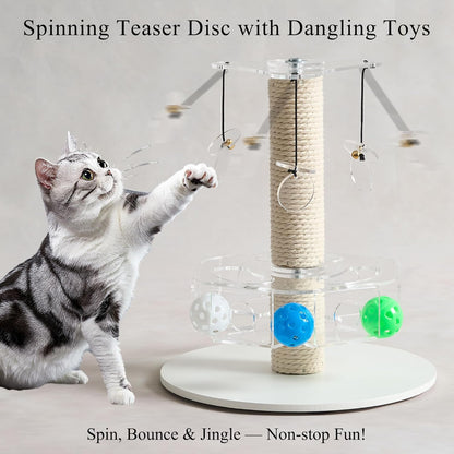 Modern 3-in-1 Interactive Cat Toy with Scratching Post, Rotating Cat Puzzle Toys for Indoor Cats with Colorful Jingle Balls, Spinning Teaser Disc with Dangling Toys, Acrylic, White