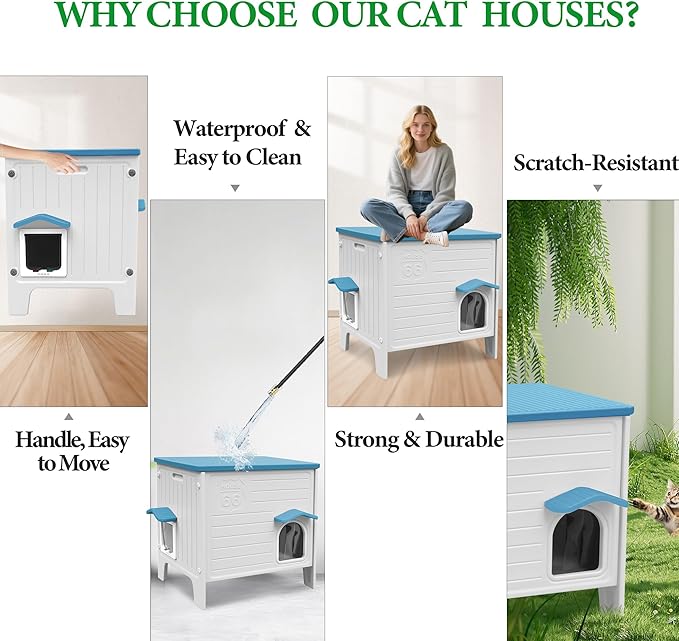 Cat House Outdoor Weatherpoof Plastic Cats Houses with Escape Door Indoor Waterproof Feral/Pet Cat Shelter Outside for Puppy, Rabbit(Blue)