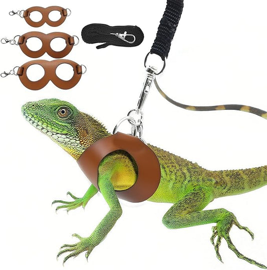 Bearded Dragon Harness and Leash Set, 3-Size Adjustable Soft Leather Reptile Leash for Training & Walking, Lizard Harness with Traction Rope, Walking Vest for Small Animal Outdoor (Brown)