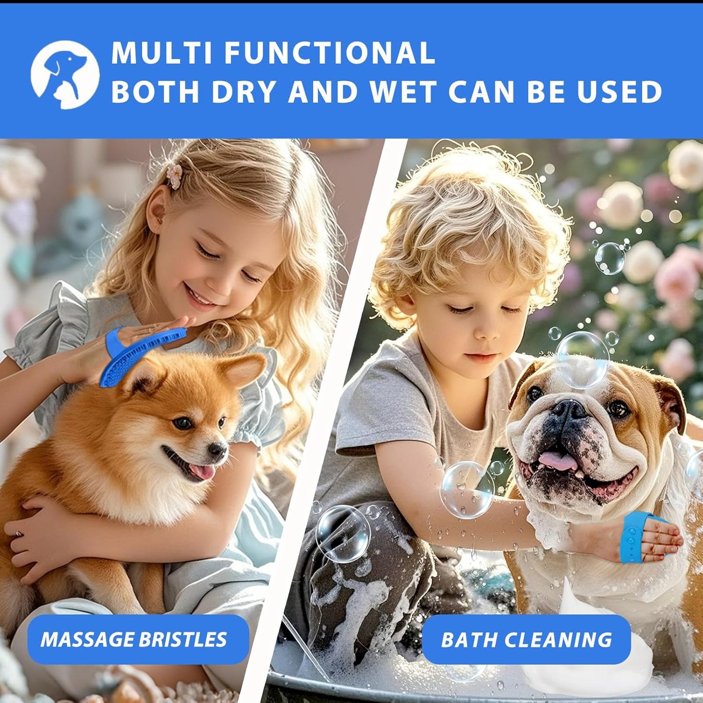 Ultra-Soft Pet Grooming Brush with Adjustable Ring - Ideal for Dogs & Cats of All Hair Types - Bath, Shower & Massage Tool (Blue, 1-Pack)