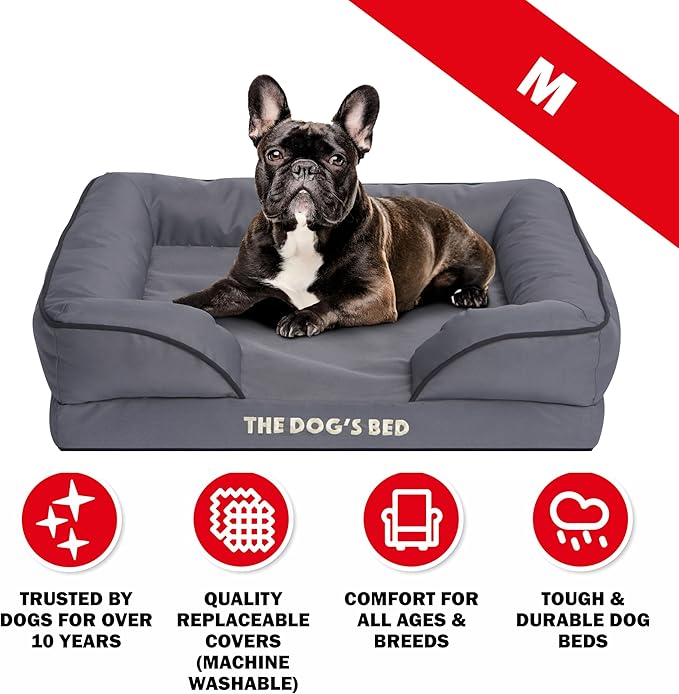 The Dog’s Bed, Orthopedic Standard Foam Waterproof Dog Bed with Standard Support, Medium Grey with Black Trim, Waterproof, Supportive Dog Bed with Replaceable Covers