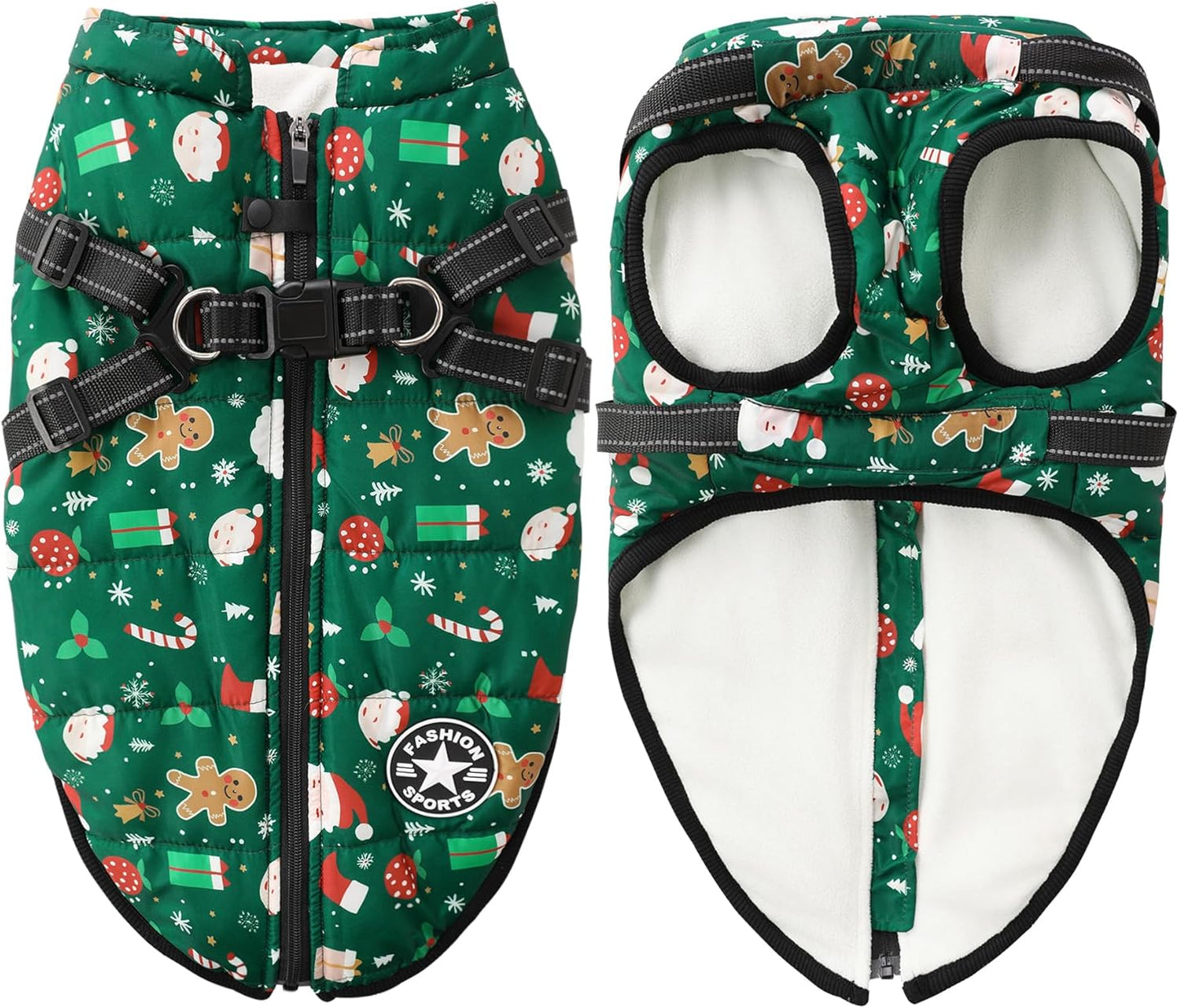 Aiboria Dog Jackets for Winter Windproof Waterproof Vest Fleece Warm Dogs Coat with Belt Christmas Green L