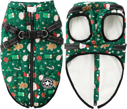Aiboria Dog Jackets for Winter Windproof Waterproof Vest Fleece Warm Dogs Coat with Belt Christmas Green XL
