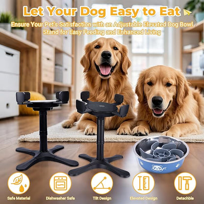 Elevated Slow Feeder Dog Bowl Adjustable Stand,Tilted ABS Base,Fits 5.5-9.5" Bowls, Anti-Spill & Non-Slip, Heavy Duty for Med/Large Dogs(with Stainless Steel Bowls 1 Pack)
