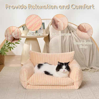 Hollypet Cat Bed Fluffy Plush Mutifuctional Double-Layer Soft Pet Couch Orthopedic Sofa Nest Beds for Small Cats and Dogs, Pink Stripes (25x20x13 inch)