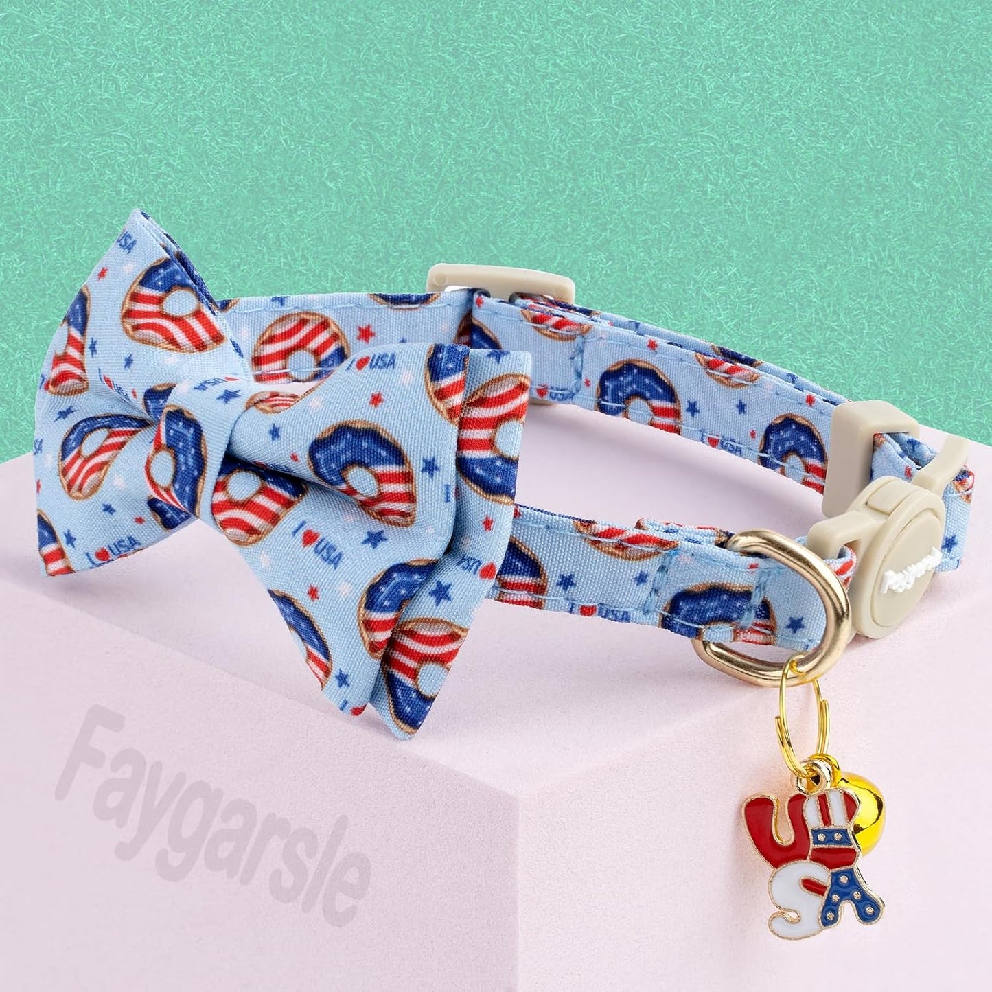 Faygarsle 2 Pack Patriotic Cat Collar Set with Bandana and Bow Tie, USA Flag Donuts Pattern, Light Blue