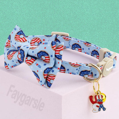 Faygarsle 2 Pack Patriotic Cat Collar Set with Bandana and Bow Tie, USA Flag Donuts Pattern, Light Blue
