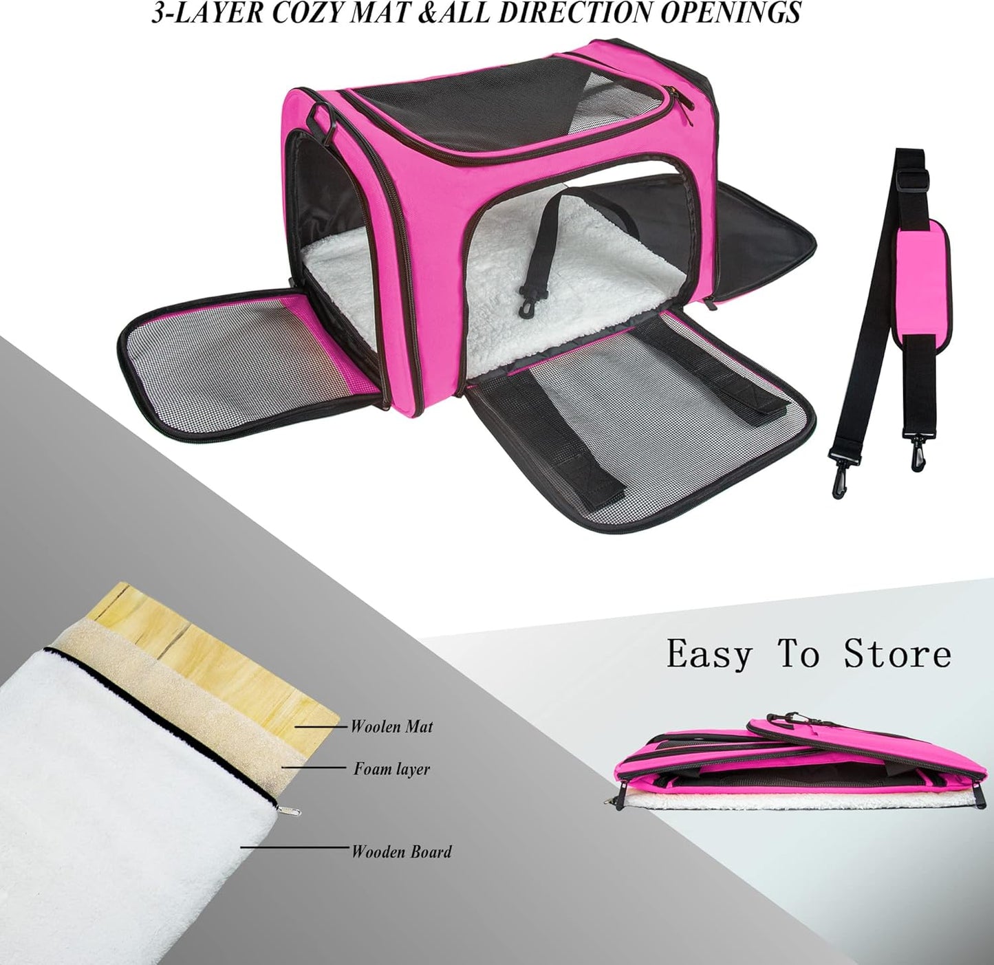 Soft Sided Carrier for Small Medium Cats Dogs,Removable Pad Collapsible Travel Pet Carrier Large Magenta