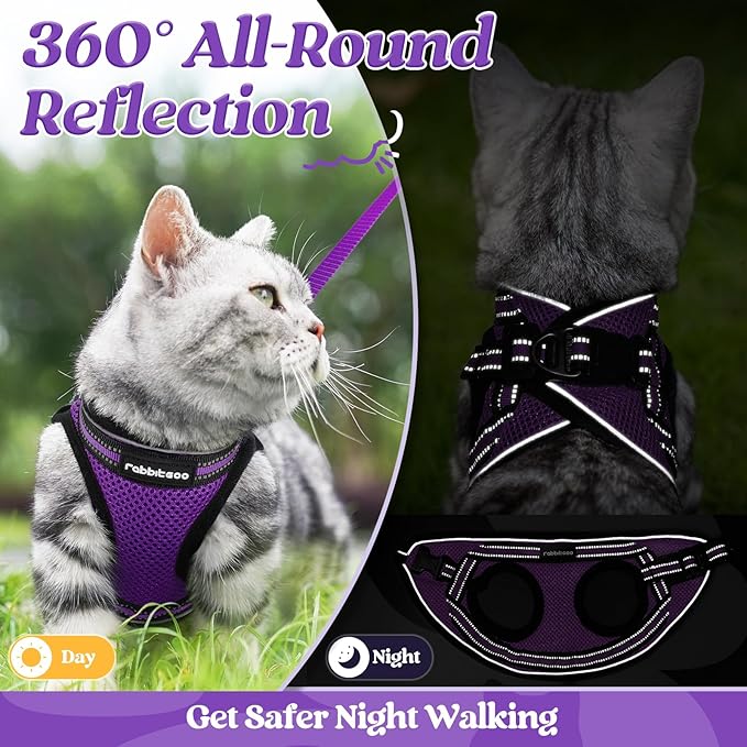 rabbitgoo Cat Harness and Leash Set for Walking Escape Proof, Adjustable Soft Kittens Vest with Reflective Strip for Cats, Comfortable Outdoor Vest, Purple, M