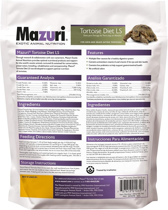 Mazuri Low Starch Tortoise Diet, for African Spurred/Sulcata, Desert, Egyptian, Galapagos, Gopher, Greek, Leopard, Pancake, Radiated or Yellow-Footed Tortoise, 12 oz