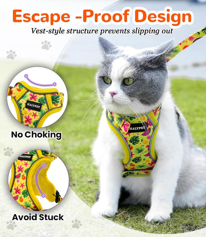 Halypet Cat Harness and Leash Set for Walking, Escape Proof Adjustable Vest Harness with 3-in-1 Integrated Buckles, Easy Control Soft Breathable Mesh with Reflective Strips for Cats, M, Bright Yellow