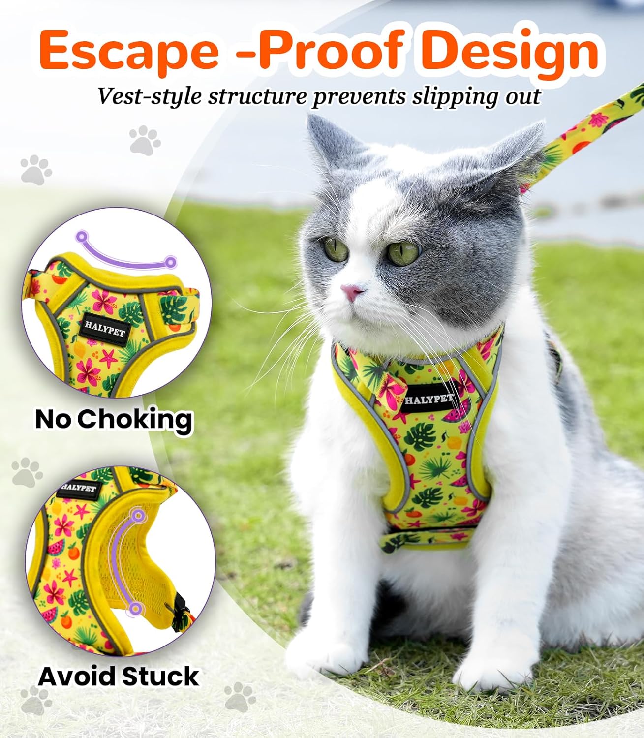 Halypet Cat Harness and Leash Set for Walking, Escape Proof Adjustable Vest Harness with 3-in-1 Integrated Buckles, Easy Control Soft Breathable Mesh with Reflective Strips for Cats, S, Bright Yellow