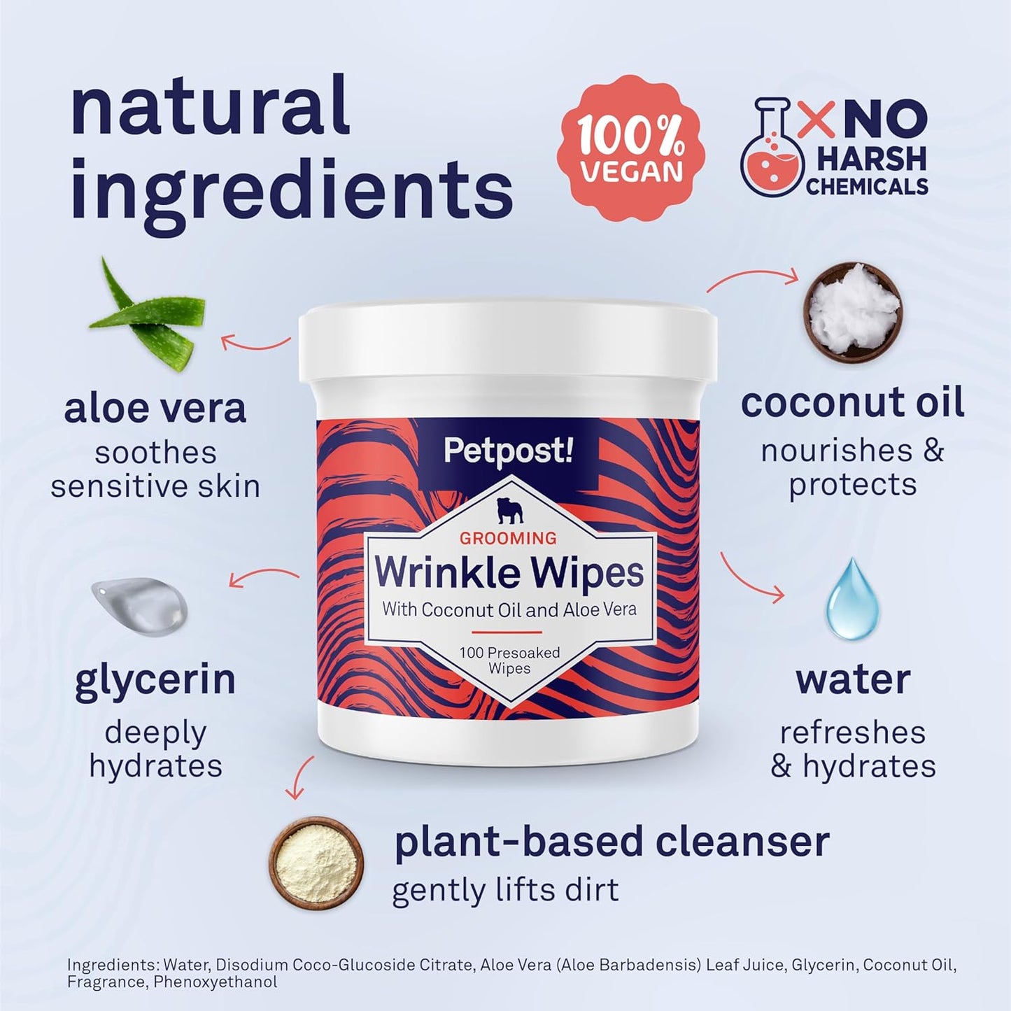 Petpost Wrinkle Wipes for Dogs | 100 Count Dog Face & Wrinkle Cleaner | Gentle Pet Wipes with Coconut Oil for Bulldogs, Pugs & Wrinkly Breeds | Dog Cleaning & Deodorizing Wipes