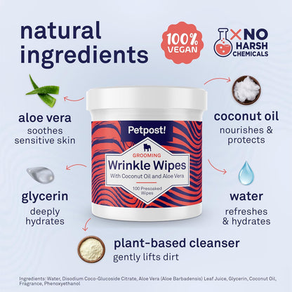 Petpost Wrinkle Wipes for Dogs | 100 Count Dog Face & Wrinkle Cleaner | Gentle Pet Wipes with Coconut Oil for Bulldogs, Pugs & Wrinkly Breeds | Dog Cleaning & Deodorizing Wipes