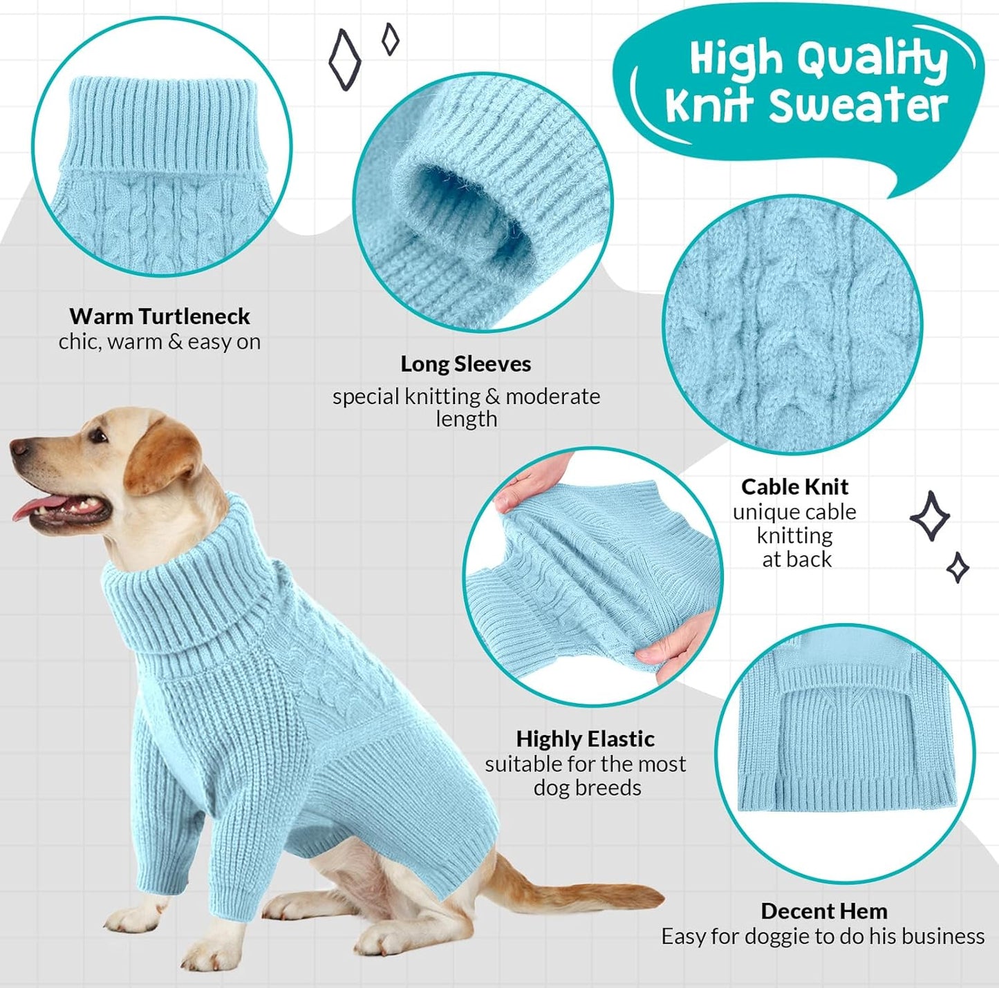 Queenmore XXL Dog Sweater, Dog Sweaters for Large Dogs Girl or Boy, Dog Christmas Sweaters XXL, Winter Big Dog Sweatshirt Knitwear, Pet Chunky Warm Coat for Small Medium Size Dogs, Blue XXL