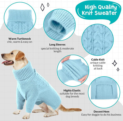 Queenmore Dog Sweater - Warm Winter Fall Turtleneck Knit for Small, Medium, Large Puppies - Long Sleeves Christmas Sweater for Girls Boys - Blue, XL