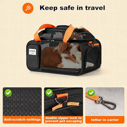 18x13.5x9 TSA Approved top and 1 Side Expandable pet Carrier for Small Dog Puppy cat up to 8 lbs Weight, for Spirit Southwest Airlines with Double Zipper Locks and 2 Pockets.