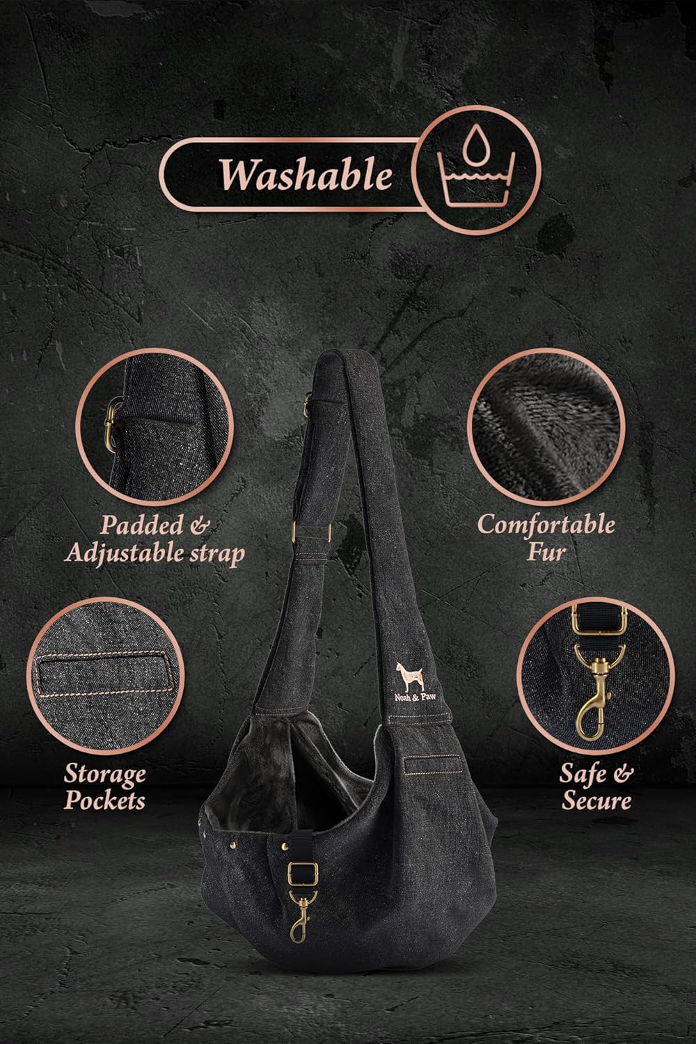 Noah & Paw Dog Sling Carrier for Small Dogs 5-18lb, Dog Sling for Small Dogs and Cats, Dog Carrier with Adjustable Padded Strap, Premium Denim, Lined with Fur, Double Safety Feature, Machine Washable