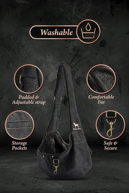 Noah & Paw Dog Sling Carrier for Small Dogs 3-10lb, Dog Sling for Small Dogs and Cats, Dog Carrier with Adjustable Padded Strap, Premium Denim, Lined with Fur, Double Safety Feature, Machine Washable