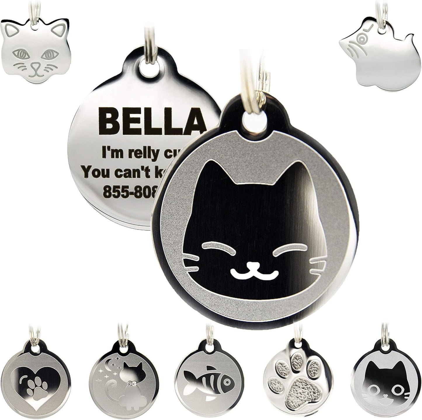 Stainless Steel Cat ID Tags - Engraved Personalized Cat Tags includes up to 4 Lines of Text with Kitty Face Shape