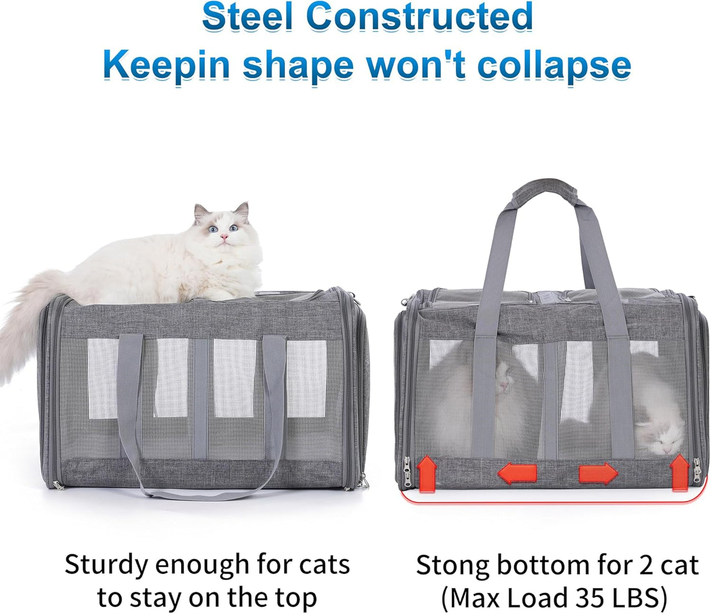 Large Cat Carrier for 2 Cats with Removable Soft Pad(43.3 x 17 x13Inches), Collapsible&Expandable Pet Carrier for Large Cats and Small Dogs 35 LBS,Breathable Mesh Top,Safety Harness