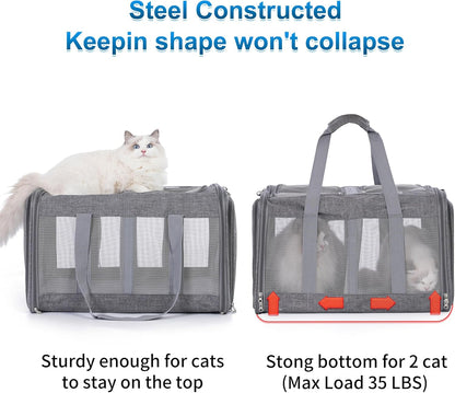 Large Cat Carrier for 2 Cats with Removable Soft Pad(43.3 x 17 x13Inches), Collapsible&Expandable Pet Carrier for Large Cats and Small Dogs 35 LBS,Breathable Mesh Top,Safety Harness