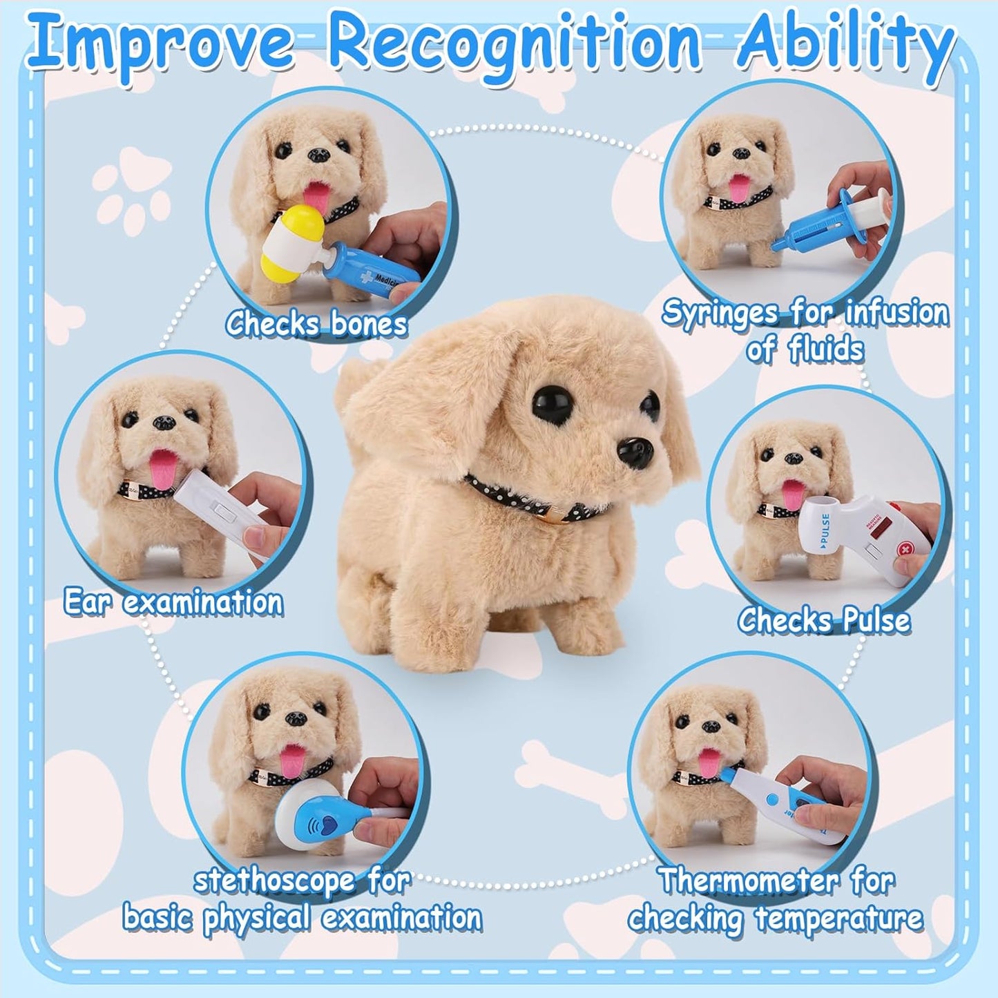 TEUVO Toy Doctor Kit for Girls, Pretend Play Doctor Set with Dog Toy, Carrying Bag, Stethoscope, Dress Up Costume, Toys Doctor Play Birthday Gift for Kids Toddlers 1 2 3 4 5 6 7 Year Old for Role Play