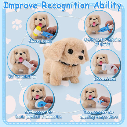 TEUVO Toy Doctor Kit for Girls, Pretend Play Doctor Set with Dog Toy, Carrying Bag, Stethoscope, Dress Up Costume, Toys Doctor Play Birthday Gift for Kids Toddlers 1 2 3 4 5 6 7 Year Old for Role Play