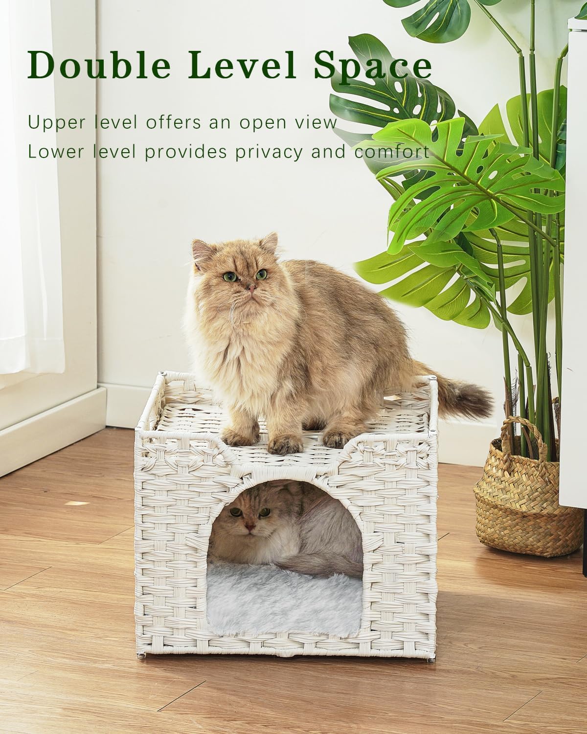 Cat Beds Indoor Kitten House, Handwoven Rattan Cat Cave Pet Cube, Large Cat Houses, One Bed Mat, Foldable, Hideaway, 16.5x16.5x13.2 Inches, 2 S-Shaped Hooks in Living Room Bedroom Gray