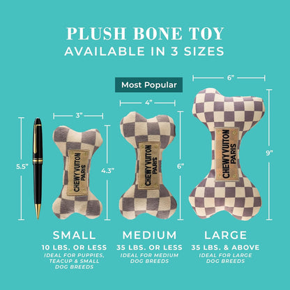 Haute Diggity Dog Checker Chewy Vuiton Bone, Plush Designer Dog Toys with Interactive Squeaker, Stimulating Pet Enrichment, Machine-Washable & Safe Materials for All Breeds, Size Small