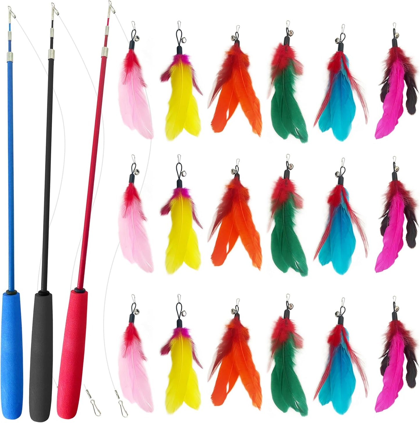 Retractable Cat Teaser Wand, 3 PCS Fishing Pole Cat Toys with 18 Feather Toy Refills, Interactive Cat Toys for Indoor Cats Play & Exercise