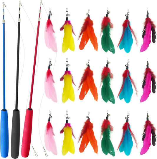 Retractable Cat Teaser Wand, 3 PCS Fishing Pole Cat Toys with 18 Feather Toy Refills, Interactive Cat Toys for Indoor Cats Play & Exercise