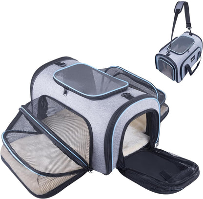 Siivton Pet Carrier Airline Approved, 4 Sides Expandable Cat Carrier Bag with Removable Fleece Pad, Large Soft Sided Pet Travel Carrier, Dog Carrier for Cats, Puppy and Small Dogs