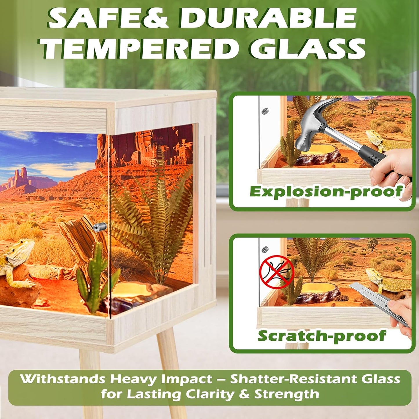 Royxen Tempered Glass Bearded Dragon Tank,65 Gallon Reptile Tank with Leg Stand,Built-in Lighting Reptile Enclosure Scartch-Proof Bearded Dragon Encloure for Chameleon,Snake,Lizard(Oak,40"x 20"x 20")