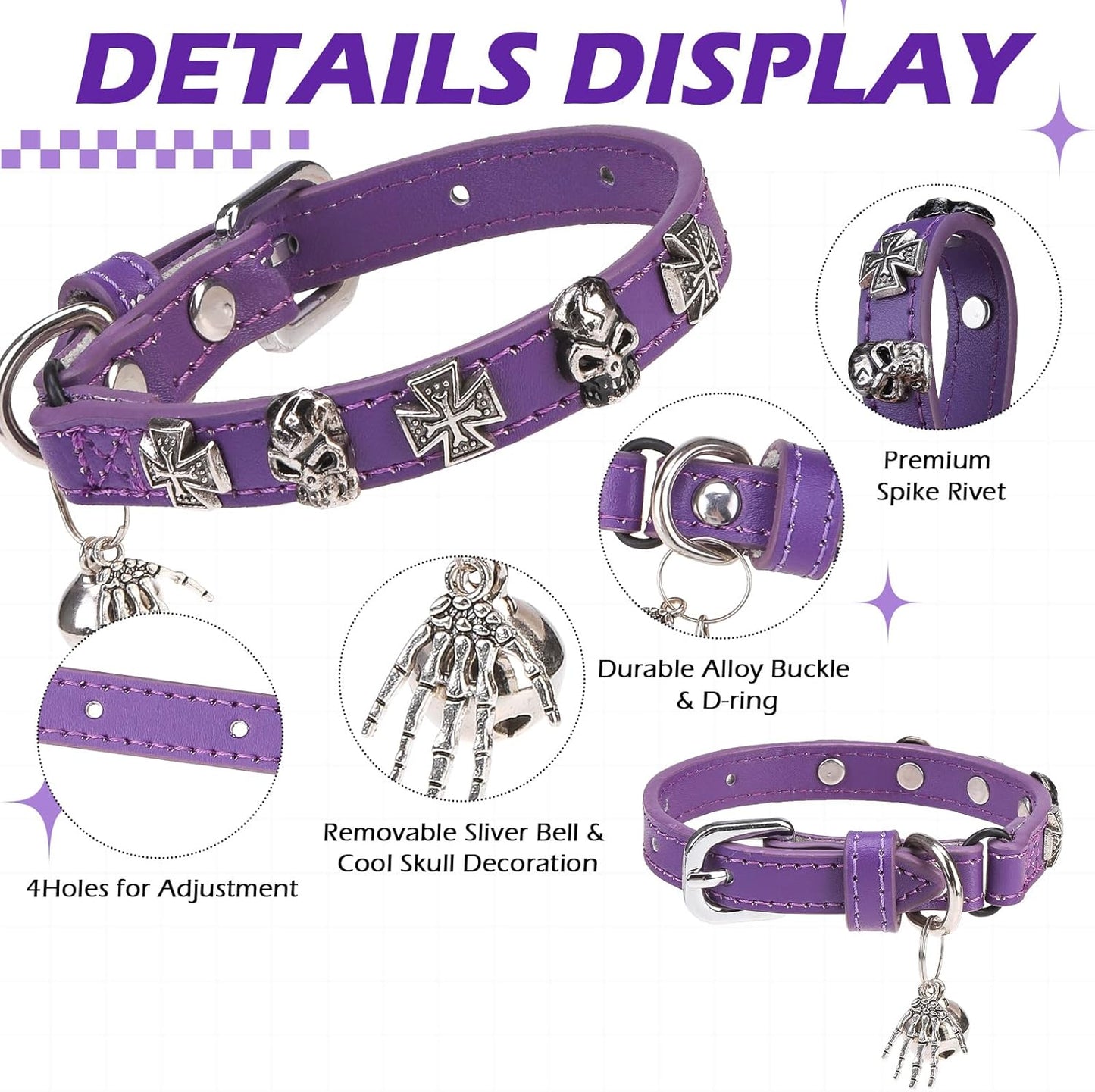 EXPAWLORER Leather Cat Collar for Girl Boy- Adjustable Pet Collar with Safety Elastic Belt,Personalized Punk Accessories Buckle Collars with Bell & Durable D-Ring, Skull(Purple)