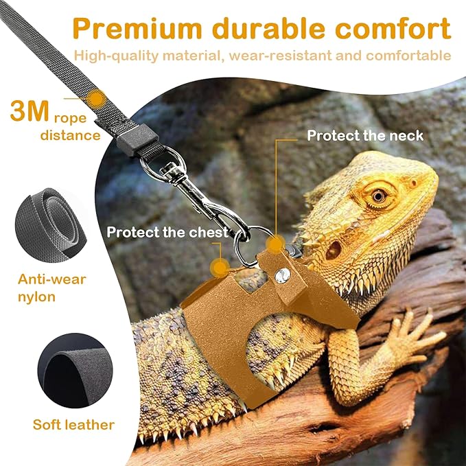 Bearded Dragon Leash and Harness Set - 3-Size Adjustable Soft Leather Vest with Retractable Leash, Easy-Wear Design(Brown, 3M)
