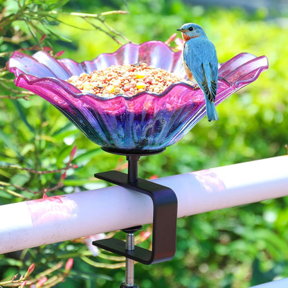 MUMTOP Deck Mounted Bird Baths for Outdoors, Glass Bird Baths Bowl with Adjustable Sturdy Steel Fence Clamp for Garden Patio Lawn Yard Deck Balcony Railing, Purple