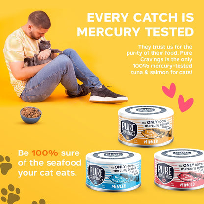 Pure Cravings Minced Tuna Wet Canned Cat Food, 100% Mercury-Tested, Moist Can Fish for Cats, Grain-Free, Protein, Non-GMO, Variety Pack, 3oz, Pack of 12