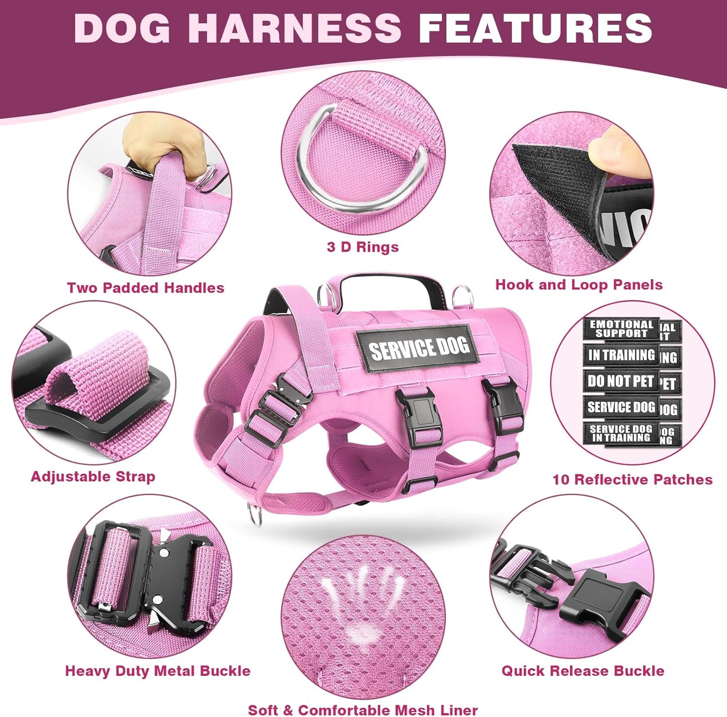 WINSEE Service Dog Vest Harness for Large Dog, Tactical Working MOLLE Vest with 10 Pet Patches, No Pull Heavy Duty Harness for Training Hunting Walking