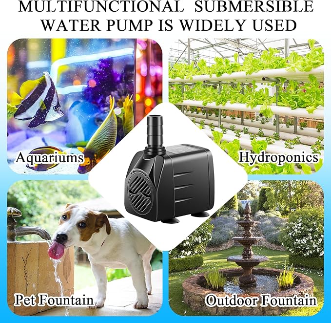 Submersible Pump, Small Fountain Pump with Tubing, Submersible Water Pump for Aquarium Fish Tank Indoor or Outdoor Pond Fountain Hydroponics Statuary (10W 160GPH, No Led Light)