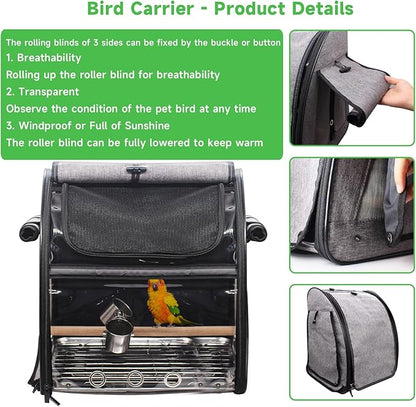 Bird Carrier Bag with Perch, Bird Travel Carrier Backpack with Stainless Steel Plate and Mesh, Portable Transparent Parakeet Travel Cage with Feeder Cups for Small Birds Parakeet Parrot