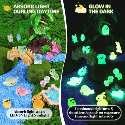 150PCS Mini Resin Animals Tiny Cute Figurines Glow in Dark, Miniature Figures to Hide, Little Animal Toys Small Accessories for Topper Desk Garden Dollhouse Landscape Aquarium Ornaments Crafts & Decor